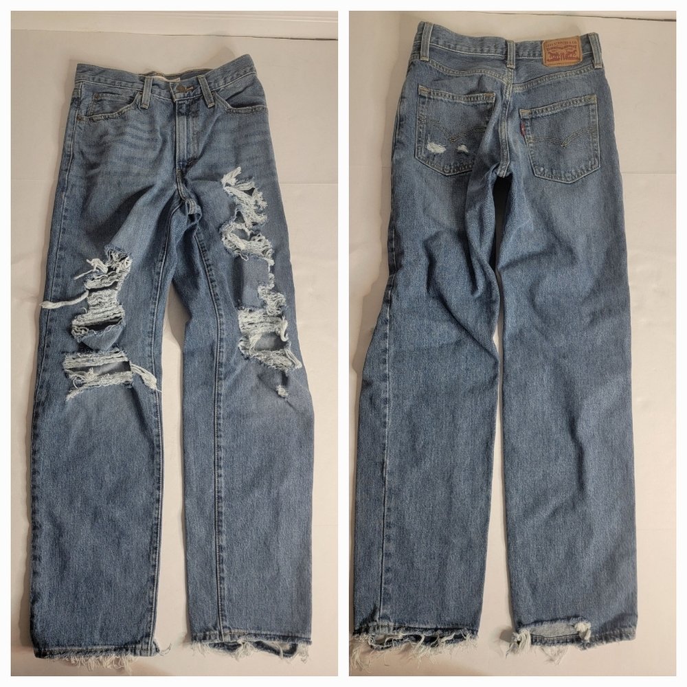 Levi's 94 Baggy Jeans Sz 24 Straight High Rise Denim Distressed Rigid